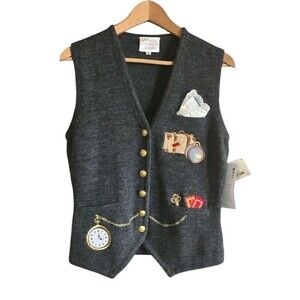 Vintage Susan Bristol  Vest Women's  MP Gray Worsted Wool  Gold Buttons Novelty